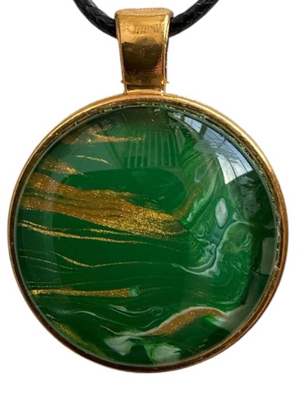 Hand Crafted Necklace Green and Gold Fluid Art Pendant by Svetlana Yeung